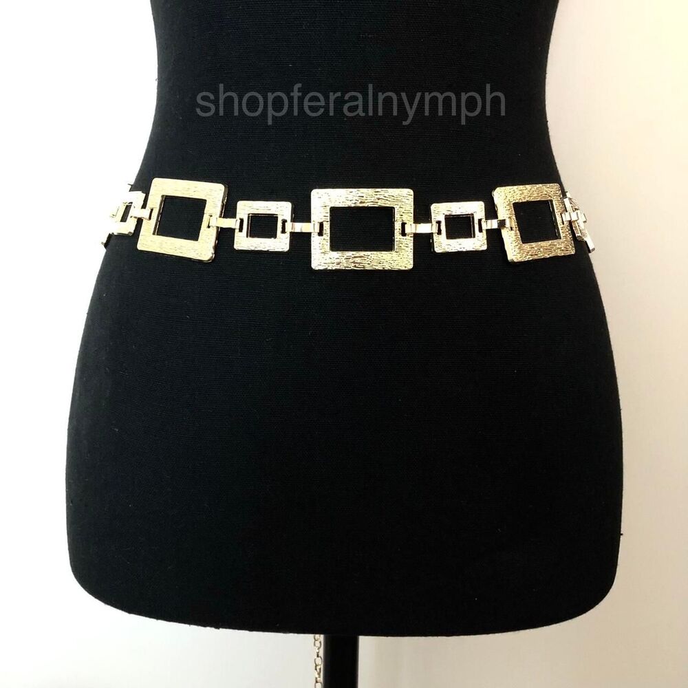 Y2K Geometric Gold Textured Square Link Chain Belt, Up to 44 Inches, X7GA1140